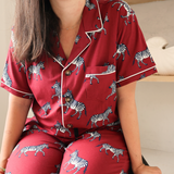 Langes Bambus-Pyjama-Set für Frauen - Burgundy Zebra