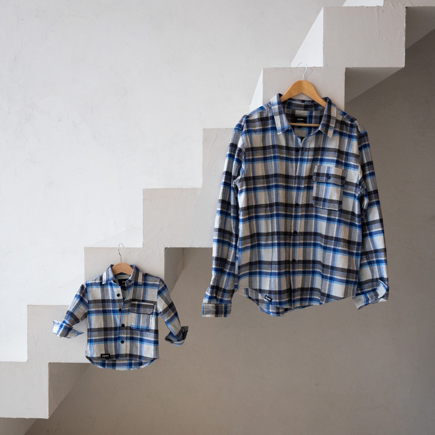 Dad & Mini Flanell-Overshirt-Set - Blau kariert